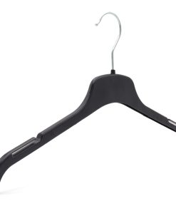 Angled image of black plastic clothes hanger with notches