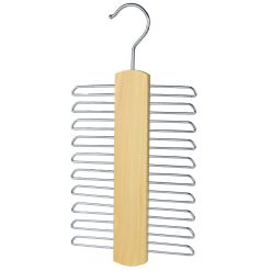 Tie Holder Rack in Wood, holds 20 Ties, Natural Wood/Chrome