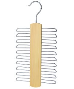 Tie Holder Rack in Wood, holds 20 Ties, Natural Wood/Chrome