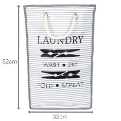 Collapsible Laundry Basket, White/Grey with Rope Handles, with measurements shown
