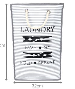 Collapsible Laundry Basket, White/Grey with Rope Handles, with measurements shown