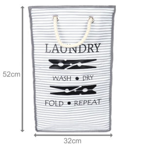 Collapsible Laundry Basket, White/Grey with Rope Handles, with measurements shown