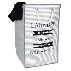 Collapsible Laundry Basket, White/Grey with Rope Handles