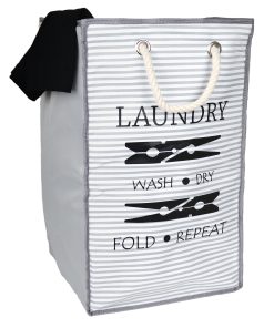 Collapsible Laundry Basket, White/Grey with Rope Handles