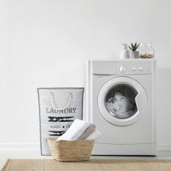 Collapsible Laundry Basket, White/Grey with Rope Handles, in situation with washing machine