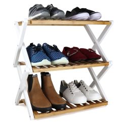 Folding Bamboo Shoe Rack, 3 Tier Wooden Storage Stand, with Shoes
