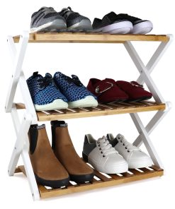Folding Bamboo Shoe Rack, 3 Tier Wooden Storage Stand, with Shoes
