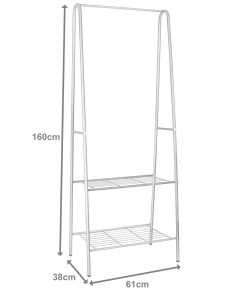 Grey Metal Coat Stand with 2 Tier Shoe Rack 160cm with Dimensions