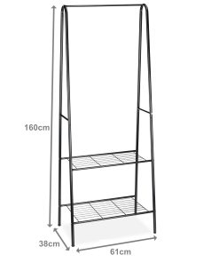 Black Metal Coat Stand with 2 Tier Shoe Rack 160cm with Measurements