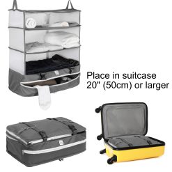 Travel Hanging Closet Wardrobe Organiser open, closed and in suitcase.