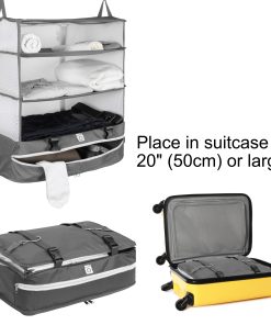 Travel Hanging Closet Wardrobe Organiser open, closed and in suitcase.