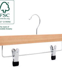 Angled shot of wooden clips hanger made from FSC eucalyptus wood