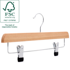 Angled shot of wooden clips hanger made from FSC eucalyptus wood