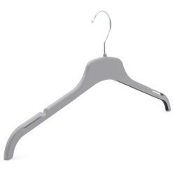 Angles image of grey plastic clothes hanger with notches