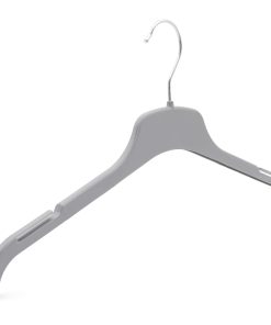 Angles image of grey plastic clothes hanger with notches