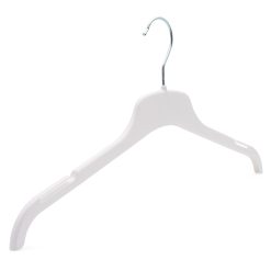 Angled picture of white plastic clothes hanger with notches