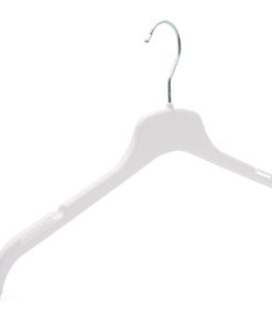 Angled picture of white plastic clothes hanger with notches