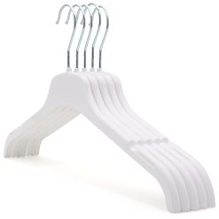 Group of 5 white plastic clothes hangers with notches