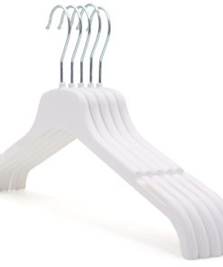 Group of 5 white plastic clothes hangers with notches