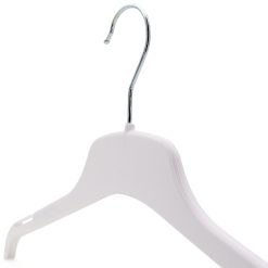 Closeup angled image of white plastic clothes hanger