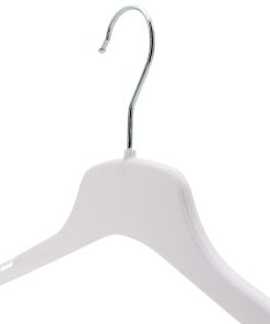 Closeup angled image of white plastic clothes hanger