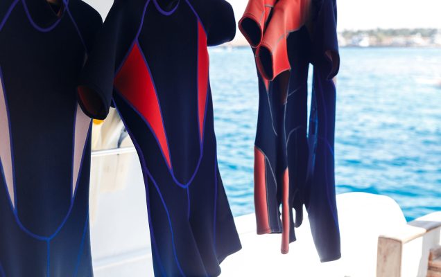 4 short wetsuits hanging with sea in background