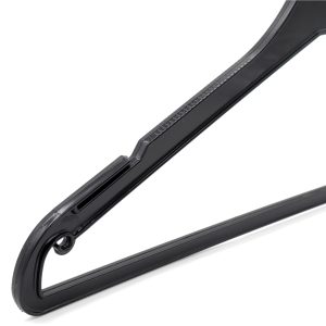 Adult Plastic Suit Hanger, 42cm, Black. Close-up image showing notches, underhooks and non-slip grip.