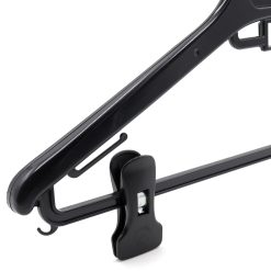 Adult Plastic Suit Hanger with Clips, 42cm, Black, close-up image of clip, underhooks and arm.