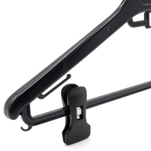 Adult Plastic Suit Hanger with Clips, 42cm, Black, close-up image of clip, underhooks and arm.