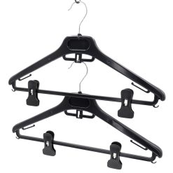 Adult Plastic Suit Hanger with Clips, 42cm, black, connected to another hanger using connector.