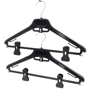 Adult Plastic Suit Hanger with Clips, 42cm, black, connected to another hanger using connector.